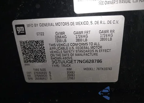 2022 GMC Sierra 1500 4Wd Standard Box Denali z USA, uszkodzony, nr VIN 3GTUUGET7NG628786